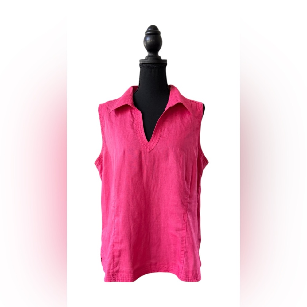 Geoffrey Beene Sport Pink Sleeveless Linen and Cotton V Neck Top with Collar